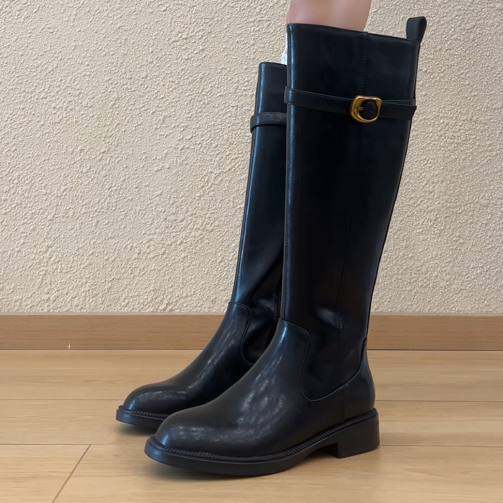 RubyL/3cm简约通勤百搭舒适显瘦皮带扣圆头粗跟长筒骑士靴女款