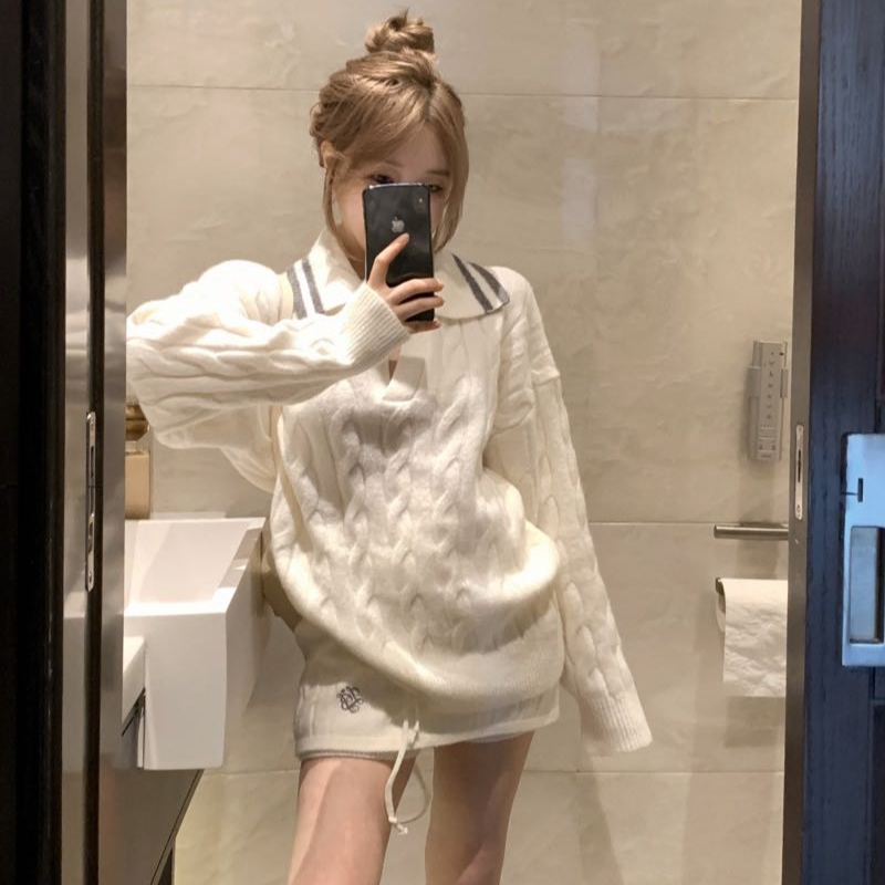 温柔风套装翻领软糯长袖毛衣女秋冬季针织直筒休闲半身裙子两件套