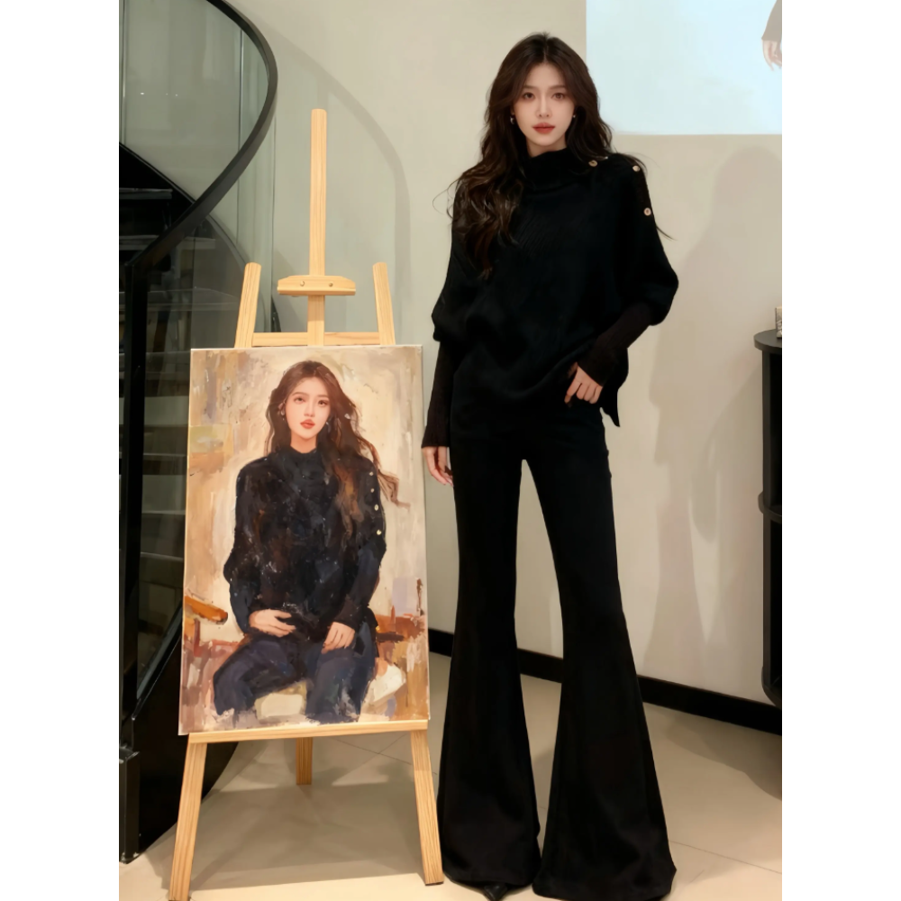 长袖上衣时尚休闲裤套装复古色调日常质感时尚套装秋冬显瘦黑色