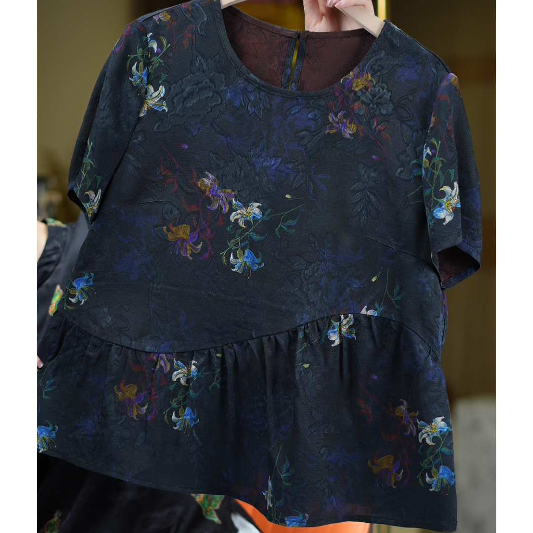 夜阑花影《非遗美学》1350夏季新款印花时尚短袖上衣