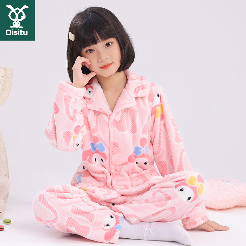 迪斯兔新款儿童长袖秋冬季女孩卡通睡衣男童套装法兰绒家居服套装