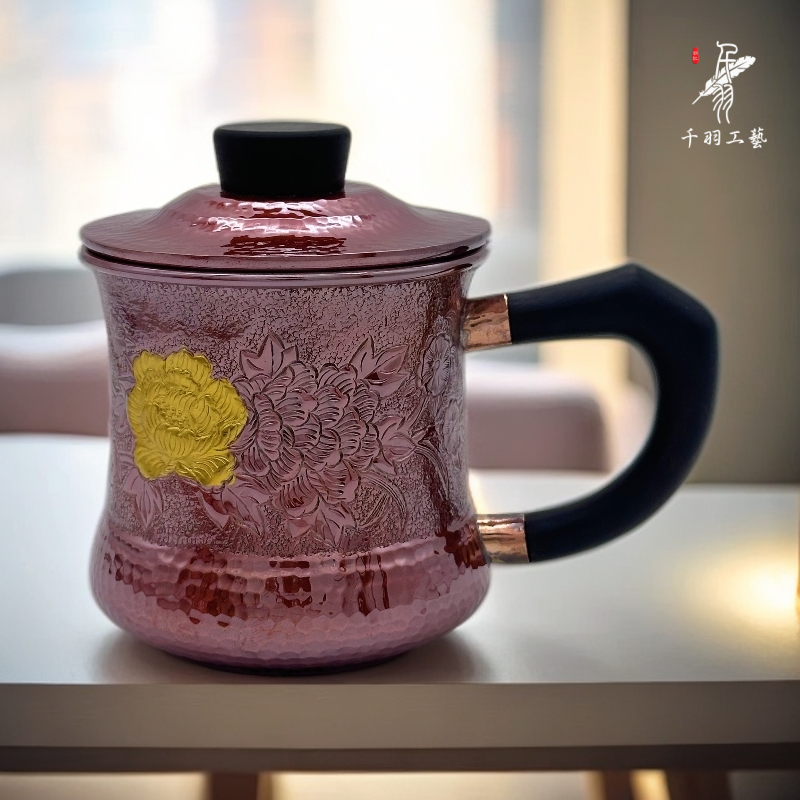【千羽铜壶】茶杯带盖茶缸马克杯手工锤纹錾刻加厚精品茶具茶道