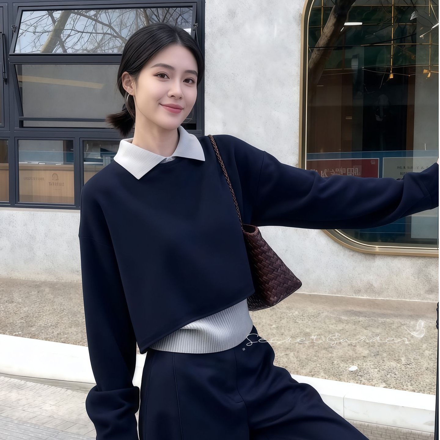 网红宽针织背心小衫慵懒休闲风时尚套装圆领宽松时尚遮肉长袖上衣