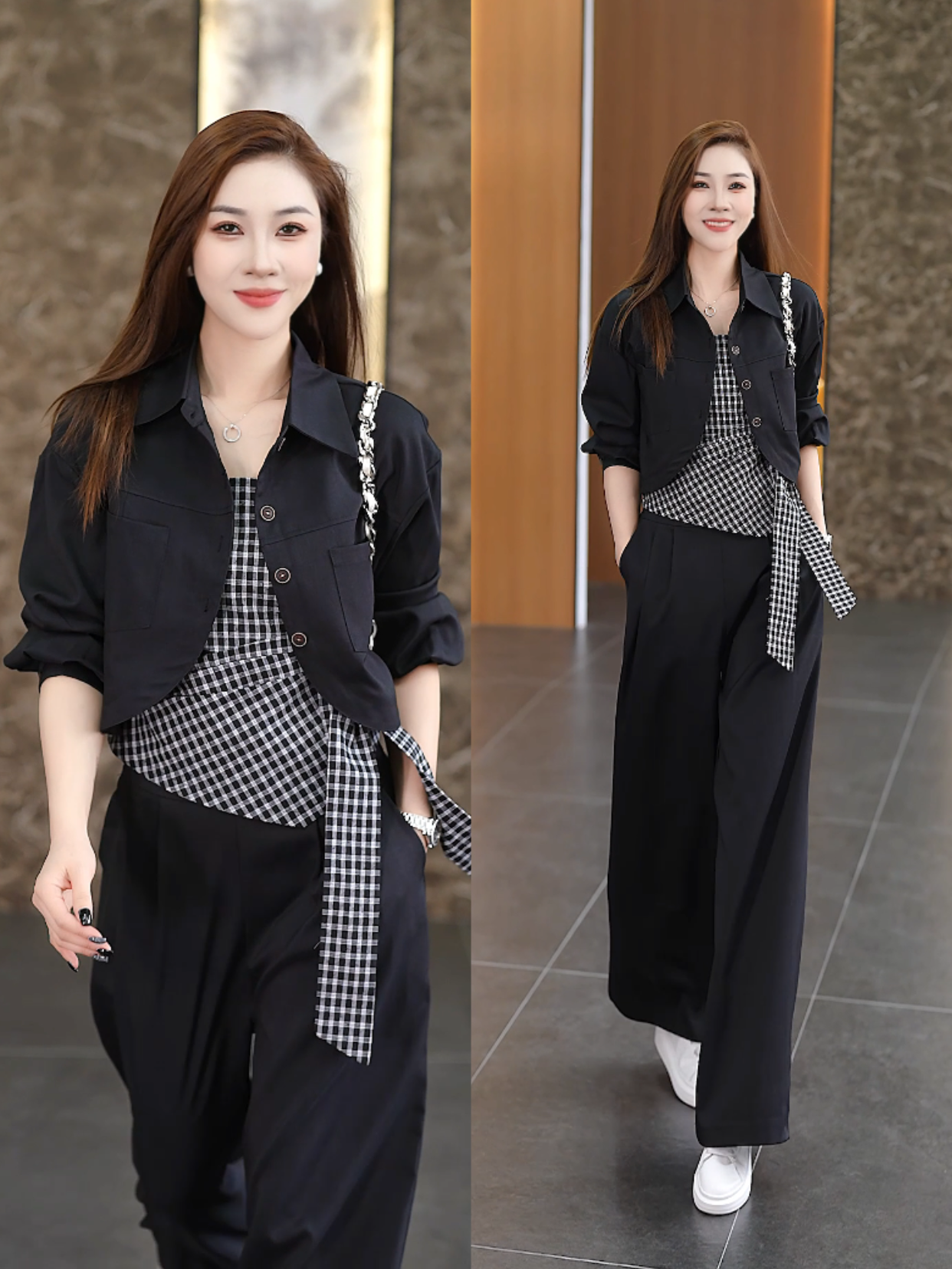 时尚休闲套装女长袖外套秋季新款洋气格子吊带阔腿裤减龄三件套