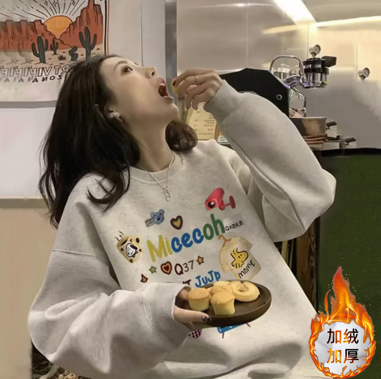 时尚加绒加厚男女情侣款青春设计感情侣INS圆领卫衣-卡通Welcome