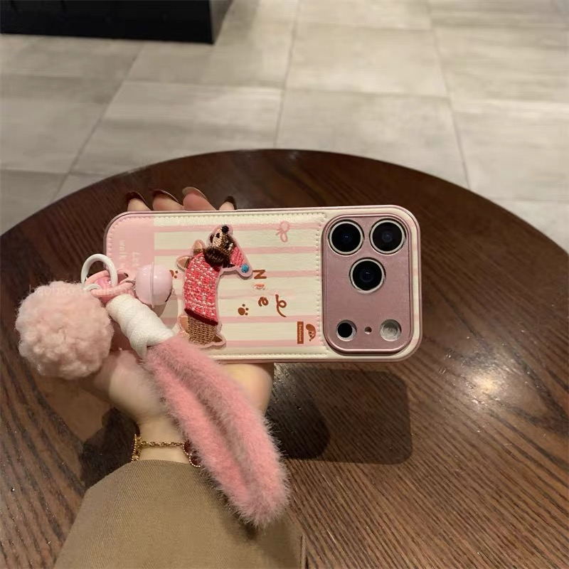 可爱条纹腊肠狗刺绣适用苹果17promax/16/15手机壳14挂绳13防摔