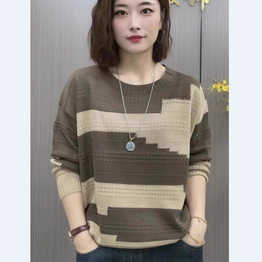 格子针织衫2025新款秋冬休闲小众圆领毛衣韩版时尚百搭显瘦上衣