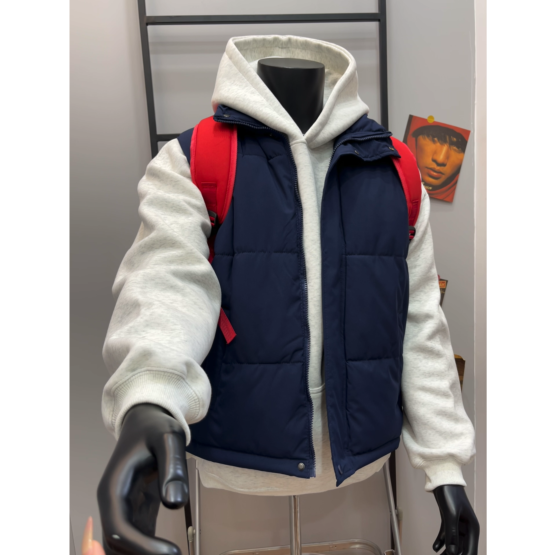 藏蓝色vintage背心马甲男女秋冬潮牌青少年立领无袖坎肩棉衣外套