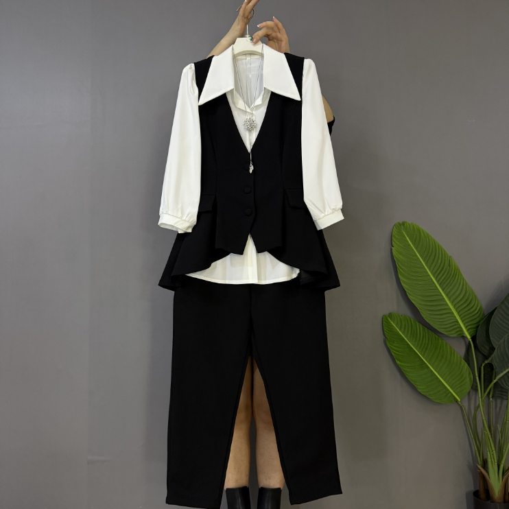 新款微胖显瘦时尚气质不规则下摆洋气轻奢马甲三件套套装