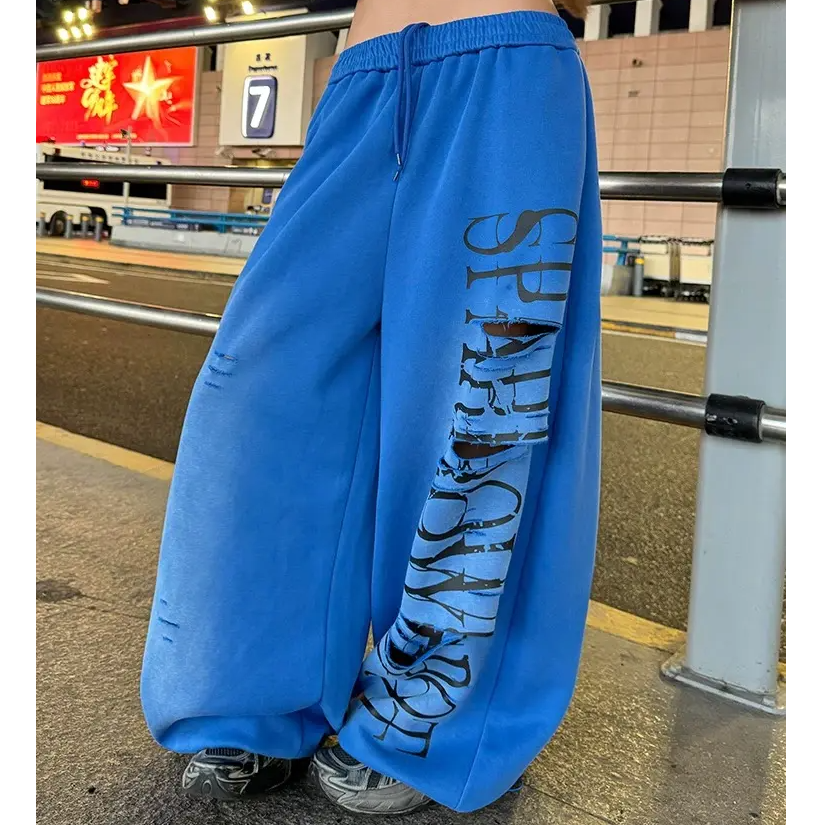 美式高街破洞字母印花阔腿卫裤男女秋季显瘦百搭嘻哈爵士舞阔腿裤