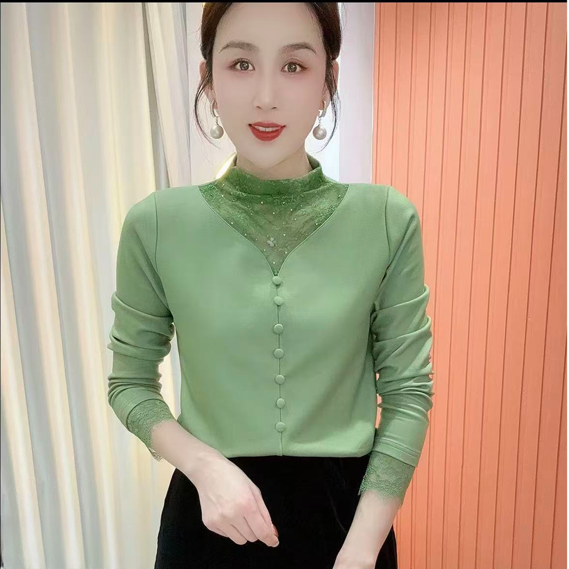 2025冬季新款半高领蕾丝气质百搭长袖减龄加绒打底衫上衣女799