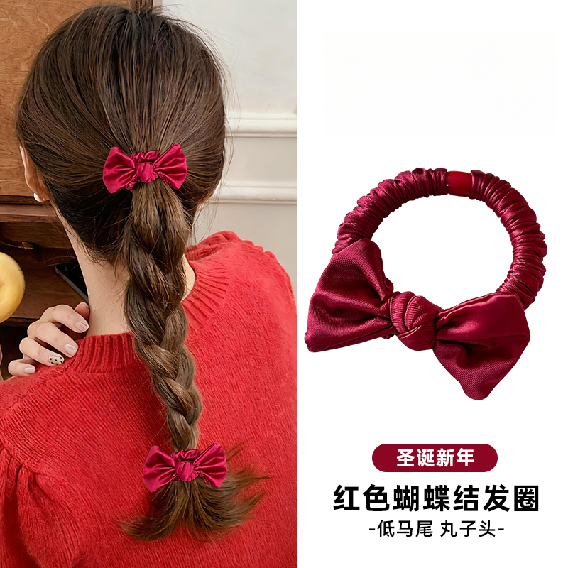 红色蝴蝶结小肠发圈2025新款高级感马尾扎发头绳不勒发皮筋发绳