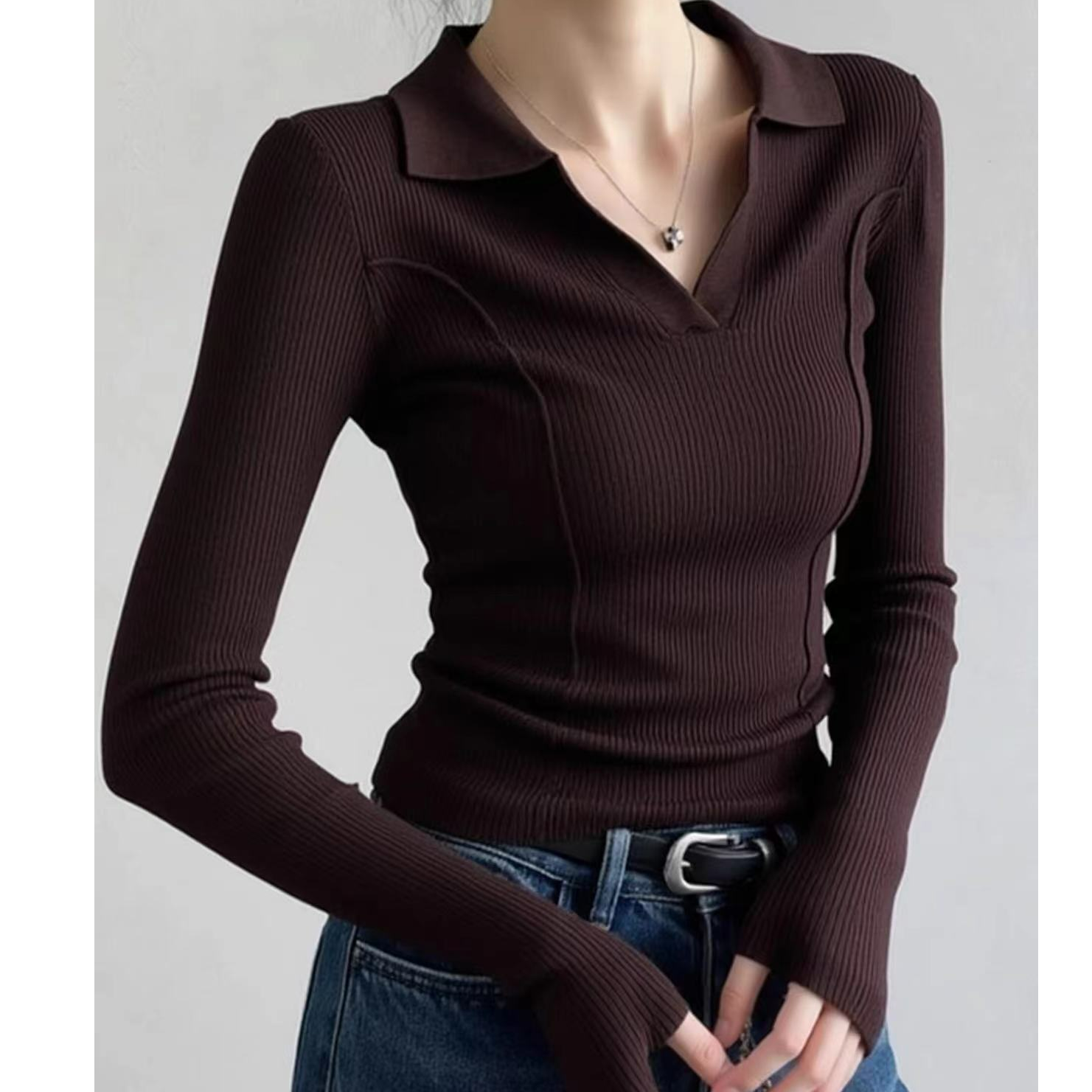 法式纯色polo衫领针织打底衫女秋冬毛衣内搭高级感气质长袖上衣