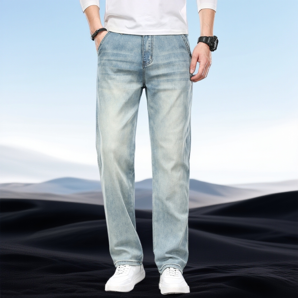 巴赛娜缇秋季复古浅色牛仔裤男直筒宽松新款弹力水洗潮牌裤子春秋