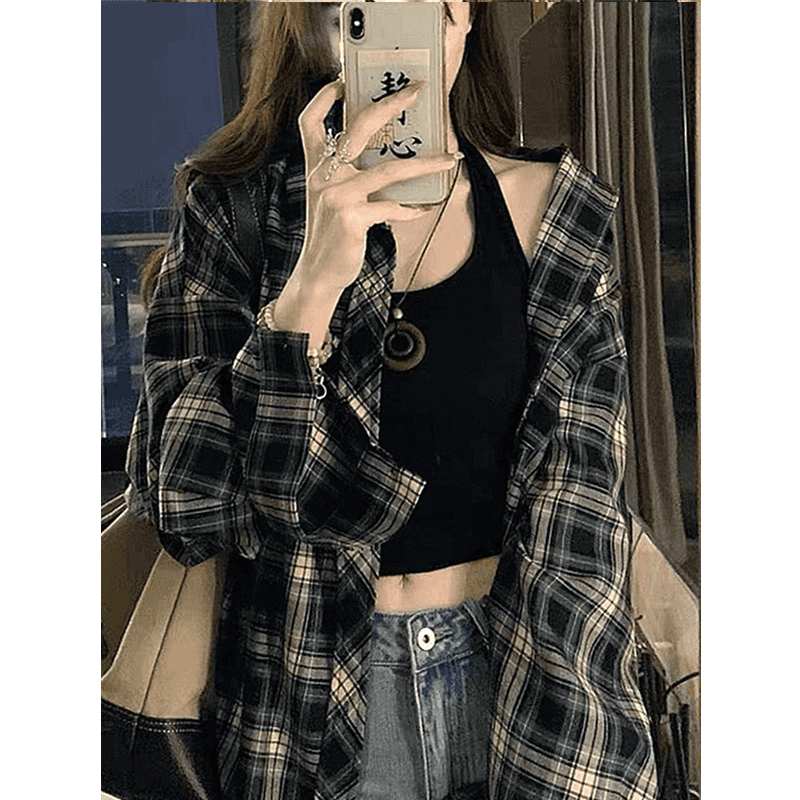 格纹港风衬衫宽松格子复古冷淡风长袖防晒外套男款春秋季情侣衬衣