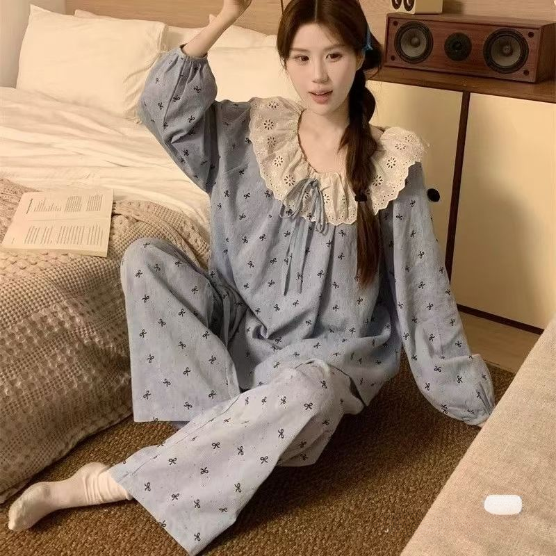 甜美花边碎花睡衣女款春秋季2025新款带胸垫长袖可外穿家居服套装