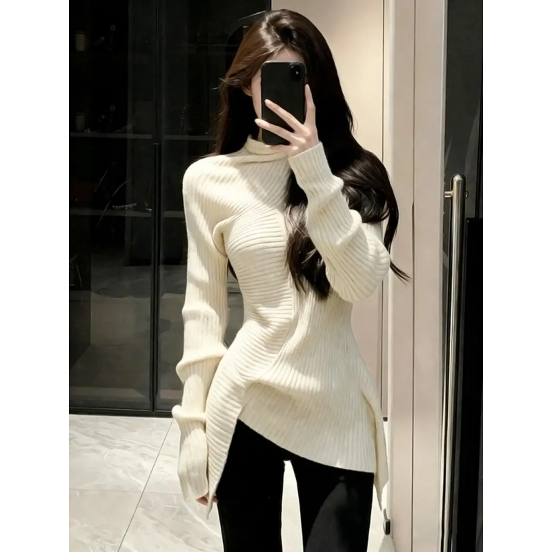 高级感气质漂亮休闲百搭2026春季新款米杏色百搭不规则设计毛衣女