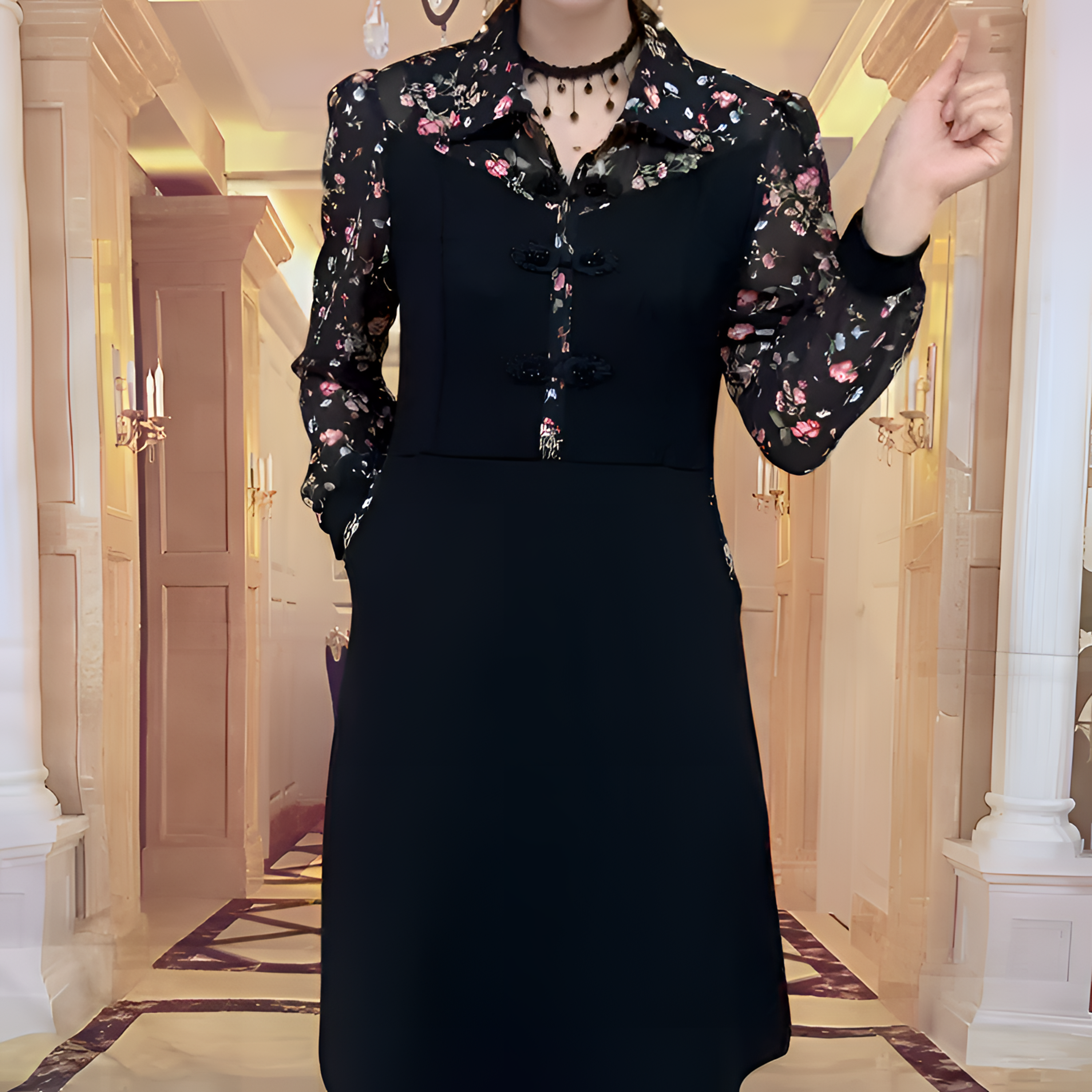 秋季新款时尚气质大码女装洋气妈妈装休闲碎花翻领假两件连衣裙