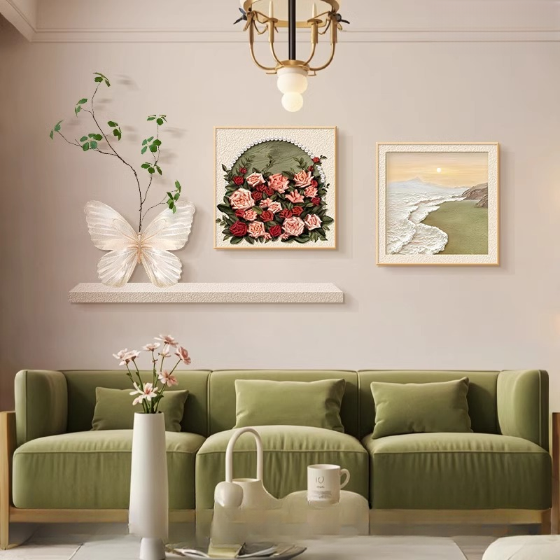 法式蝴蝶客厅装饰画高级感玫瑰沙发背景墙挂画奶油风组合壁画新款