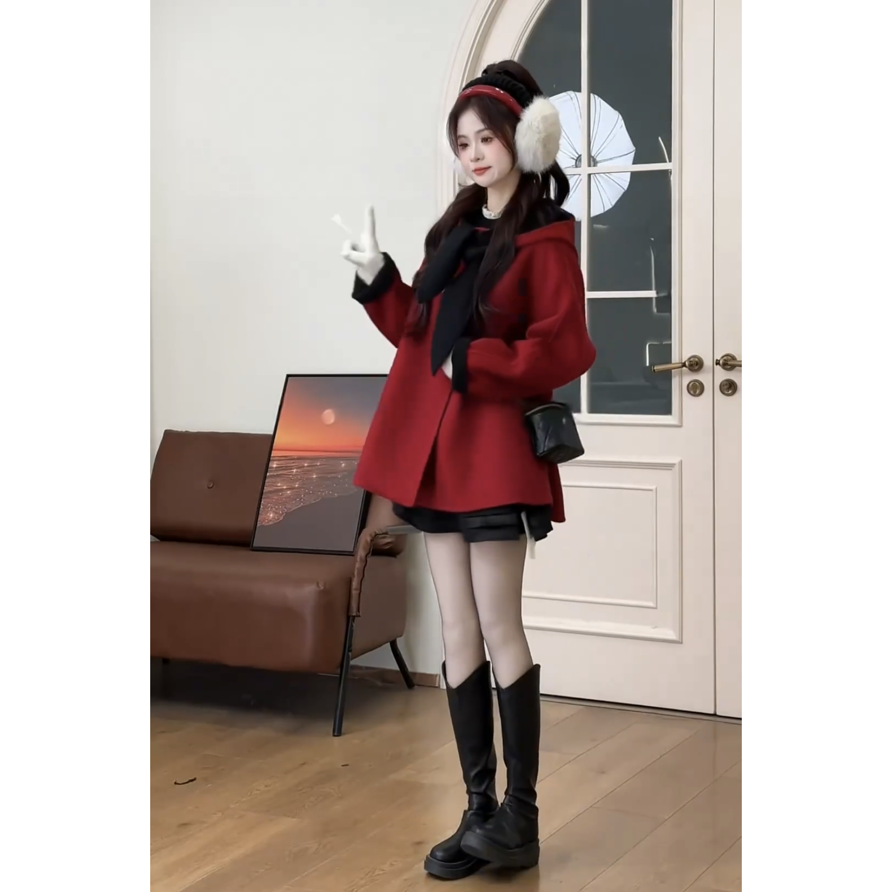 冬季时尚一整套女装2025新款韩版宽松连帽外套百搭连衣裙两件套装