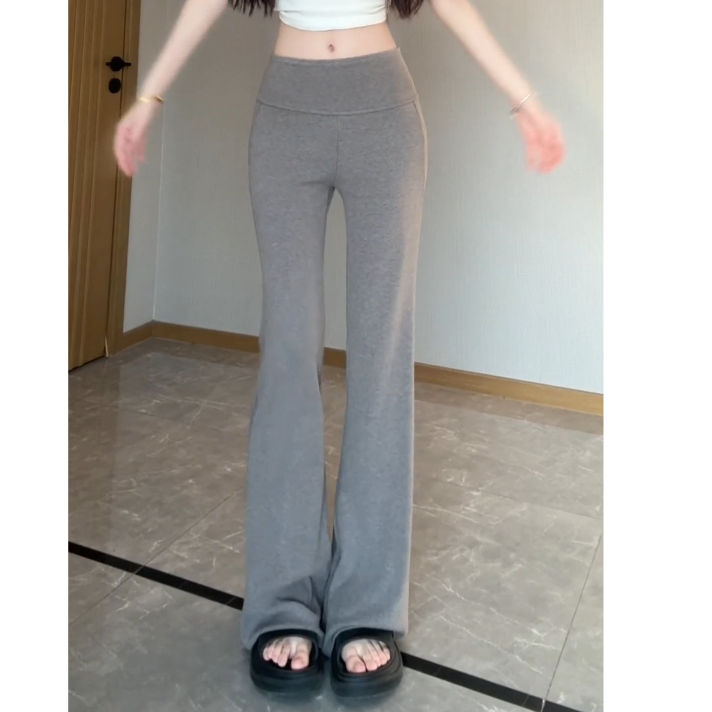 夏天薄款网红灰色高腰休闲运动外穿裤子瑜伽微喇叭裤女拖地裤长裤