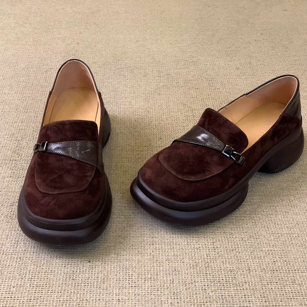 RubyL/6cm复古休闲通勤磨砂拼接金属扣一脚蹬圆头厚底单鞋女款