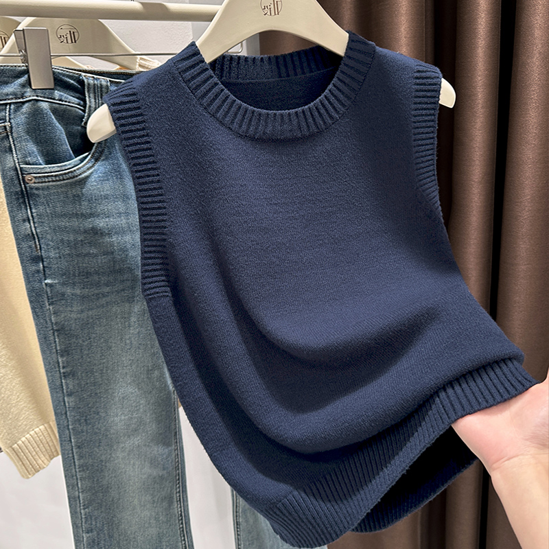 藏蓝色洋气百搭时尚无袖上衣宽松简约打底衫高级感圆领薄款背心