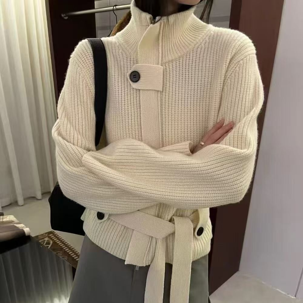 韩系欧货系带收腰显瘦粗针立领秋冬松弛加厚拉链针织毛衣开衫外套