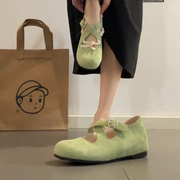 啄木鸟春日气息牛油果绿玛丽珍鞋内增高单鞋绝美绒面芭蕾鞋豆豆鞋
