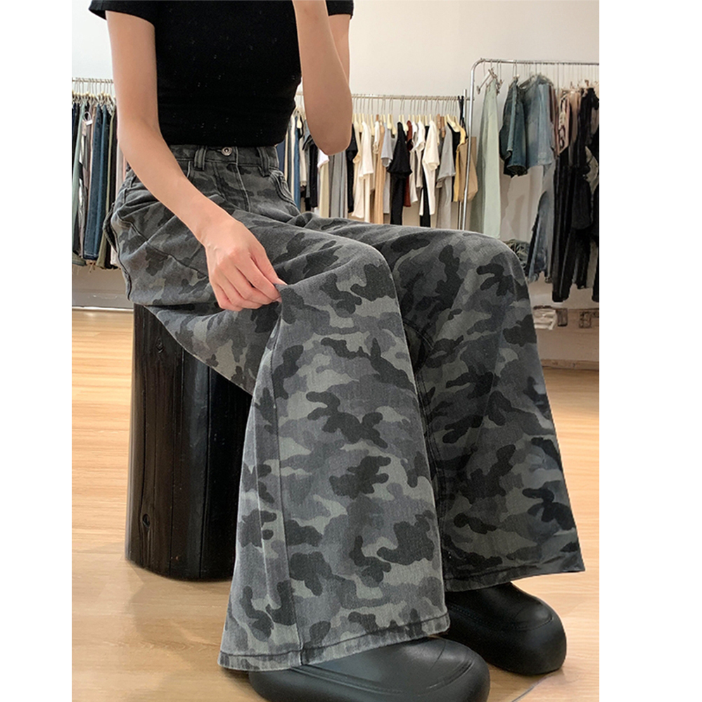 300斤特大码女装胖mm迷彩工装牛仔裤美式街头阔腿宽松百搭裤子女