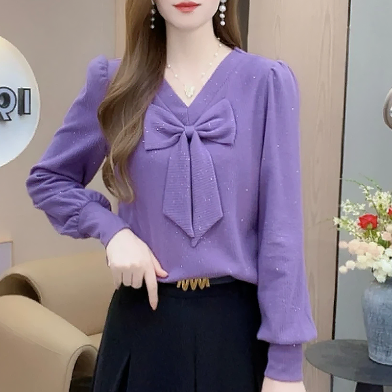 2025早秋烫钻法式长袖女新款T恤洋气显瘦甜美蝴蝶结减龄打底衫