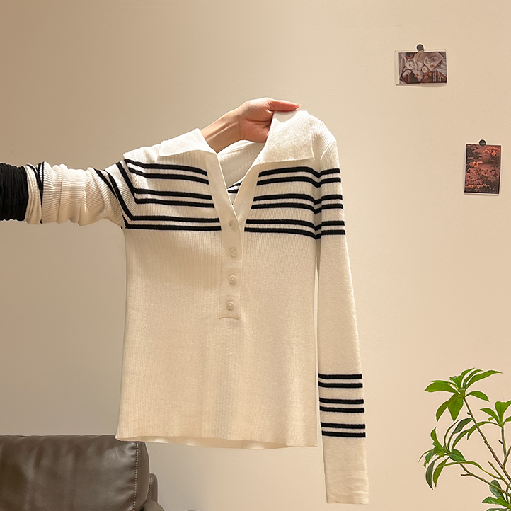 【现货】撞色毛针织衫女新款秋季穿搭气质翻领条纹休闲显瘦百搭上衣