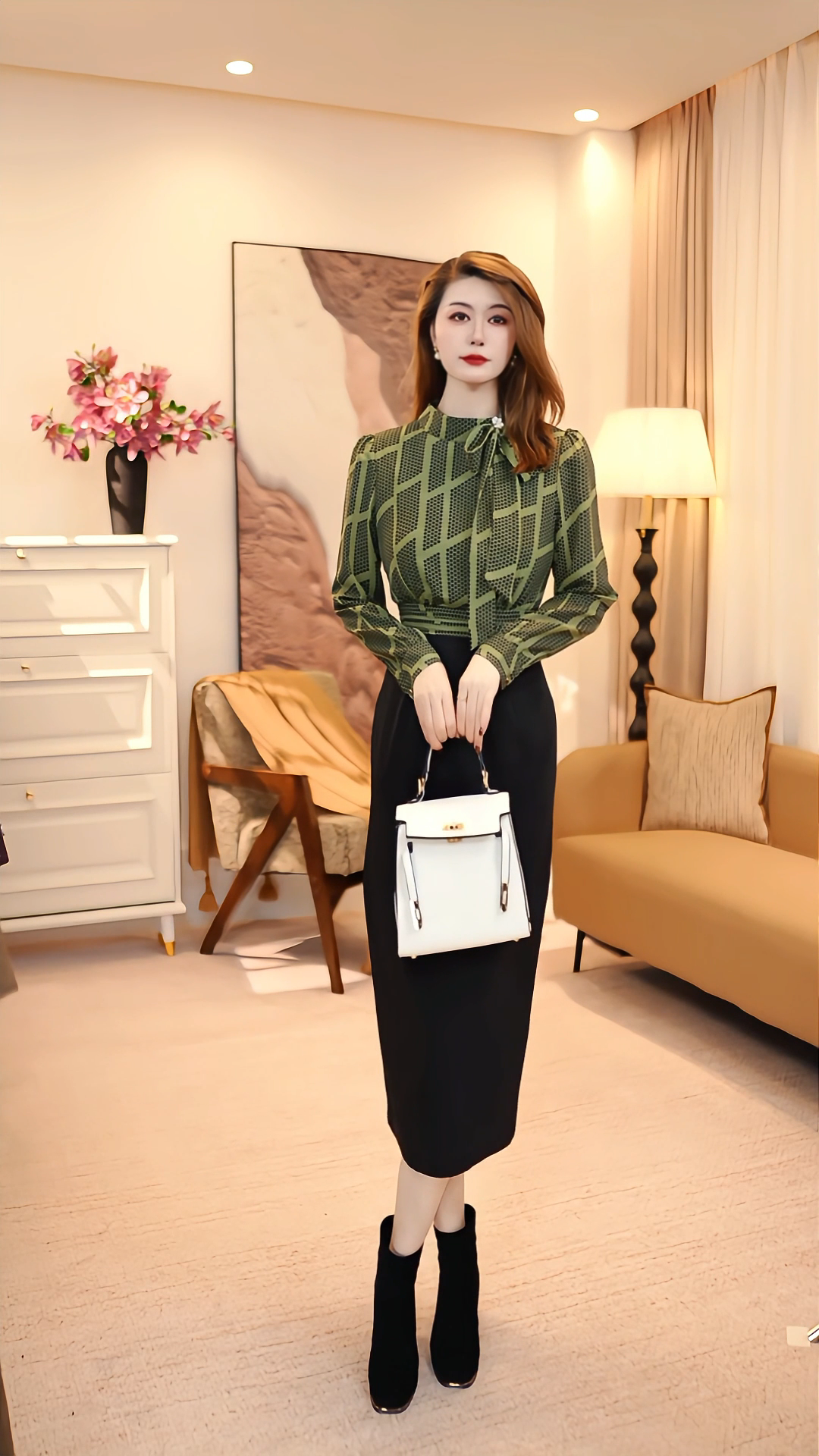 高腰常规长袖拼接中长裙连衣裙轻奢网红简约春秋时尚 86145