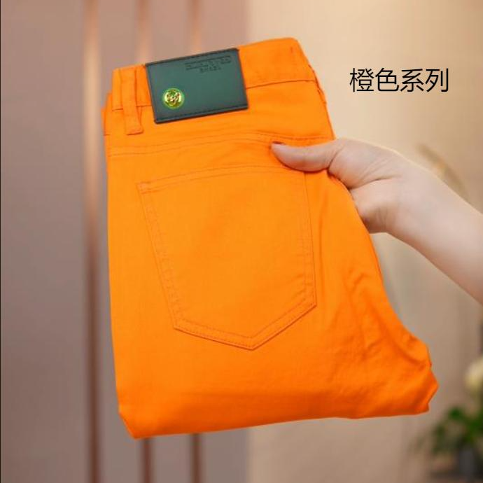 春夏橙色男士修身小直筒牛仔裤轻奢时尚百搭休闲潮流韩版男裤子