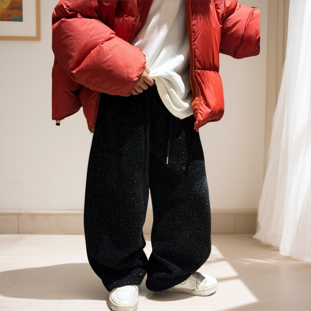 男女童加绒裤子2025新款秋冬装雪尼尔一体绒直筒裤中大儿童阔腿裤