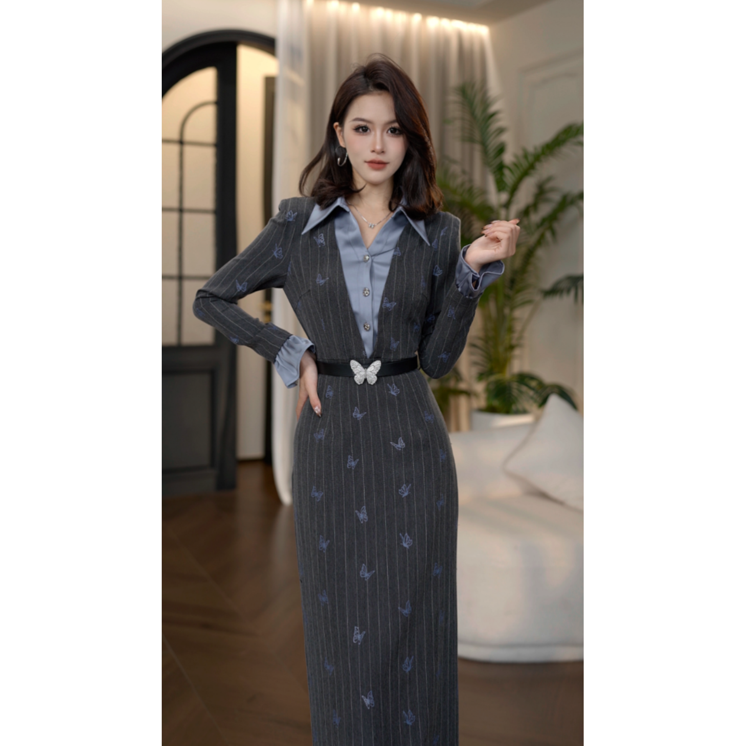 秋季新款【都市蝶章】现代轻熟通勤风气质优雅条纹假两件连衣裙