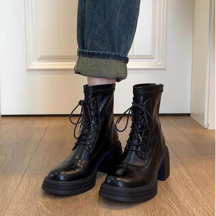 牛皮版~高跟厚底百搭气质马丁靴女软皮防水台系带侧拉链弹力短靴