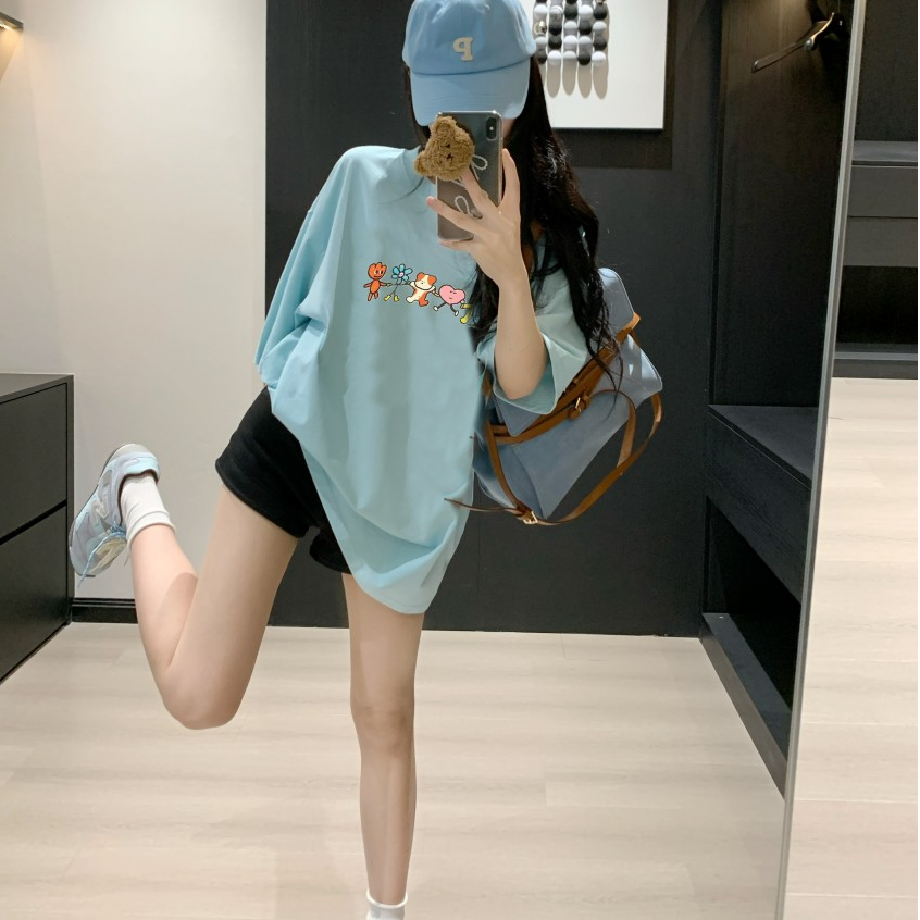 可爱卡通印花圆领短袖T恤女2025夏季宽松休闲百搭显瘦小个子上衣