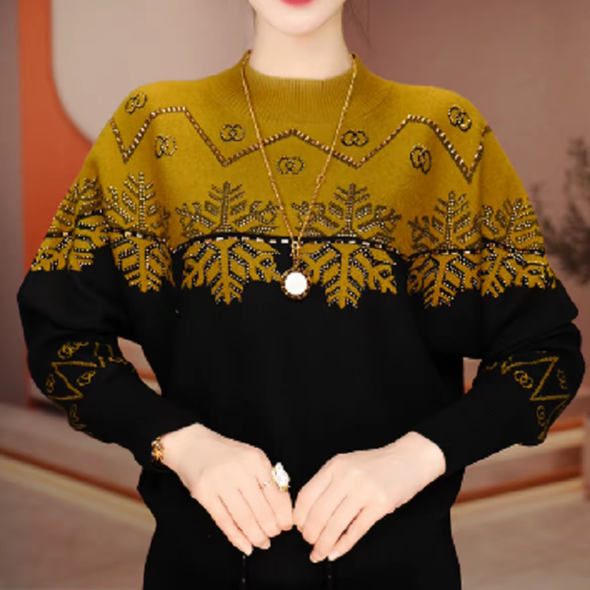 冬季保暖毛衣气质休闲长袖妈妈装中老年高端潮款设计感拼接针织衫