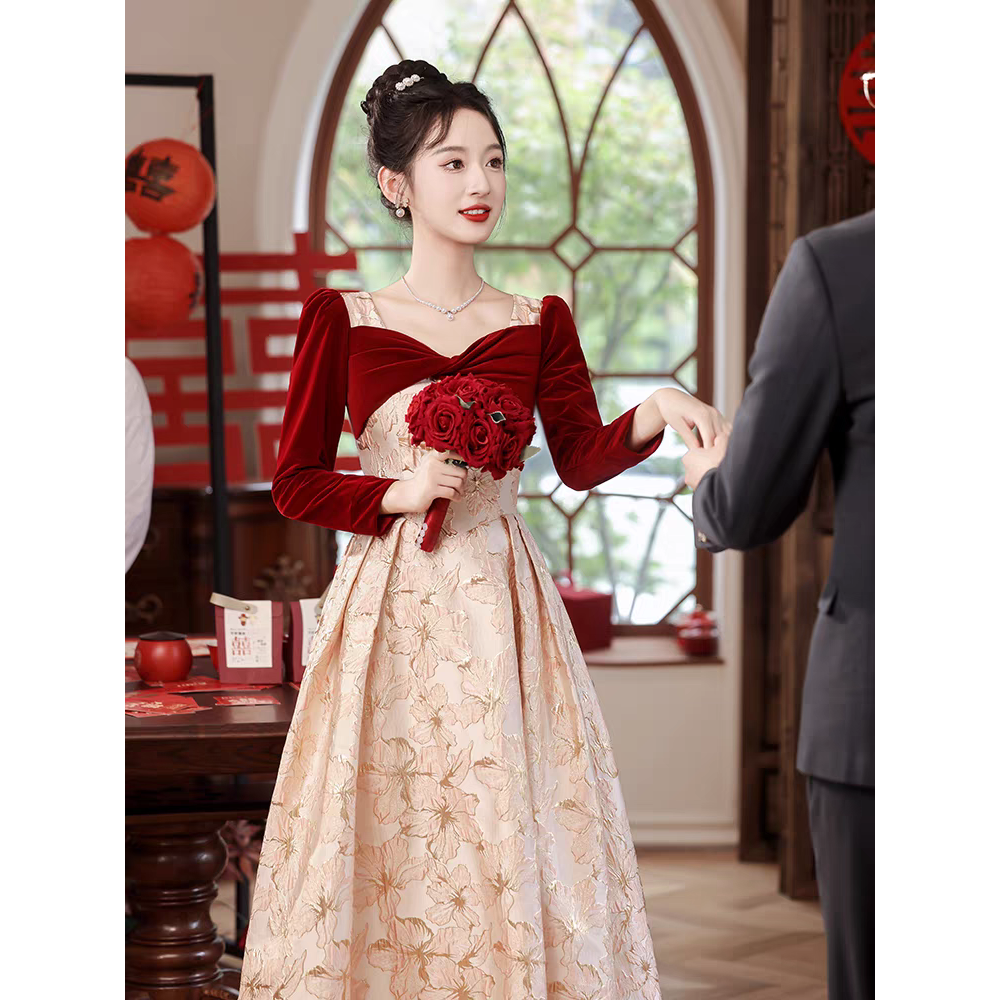 优雅时尚气质高级感法式新娘敬酒服结婚订婚聚会回门长袖礼服裙子