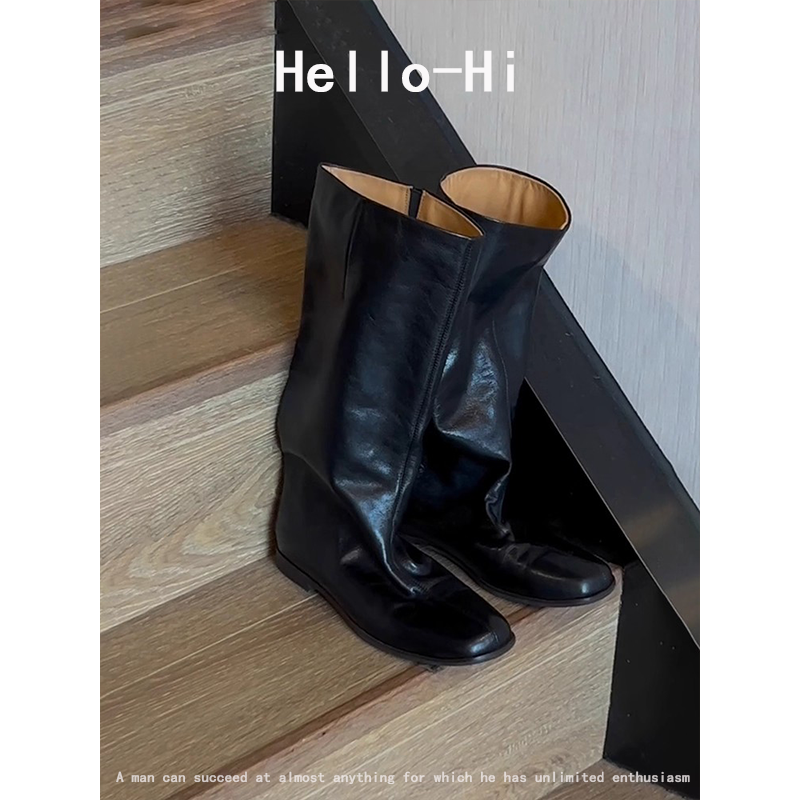 羊皮版~简约设计感方头平底骑士靴女宽筒遮肉显瘦复古新款堆堆靴