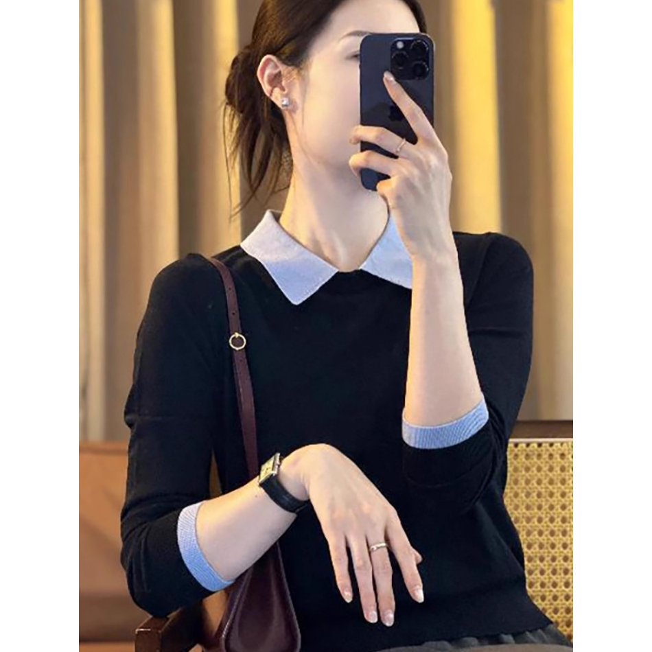 2025秋季新款撞色拼接假两件气质针织衫女层次感通勤显瘦内搭上衣