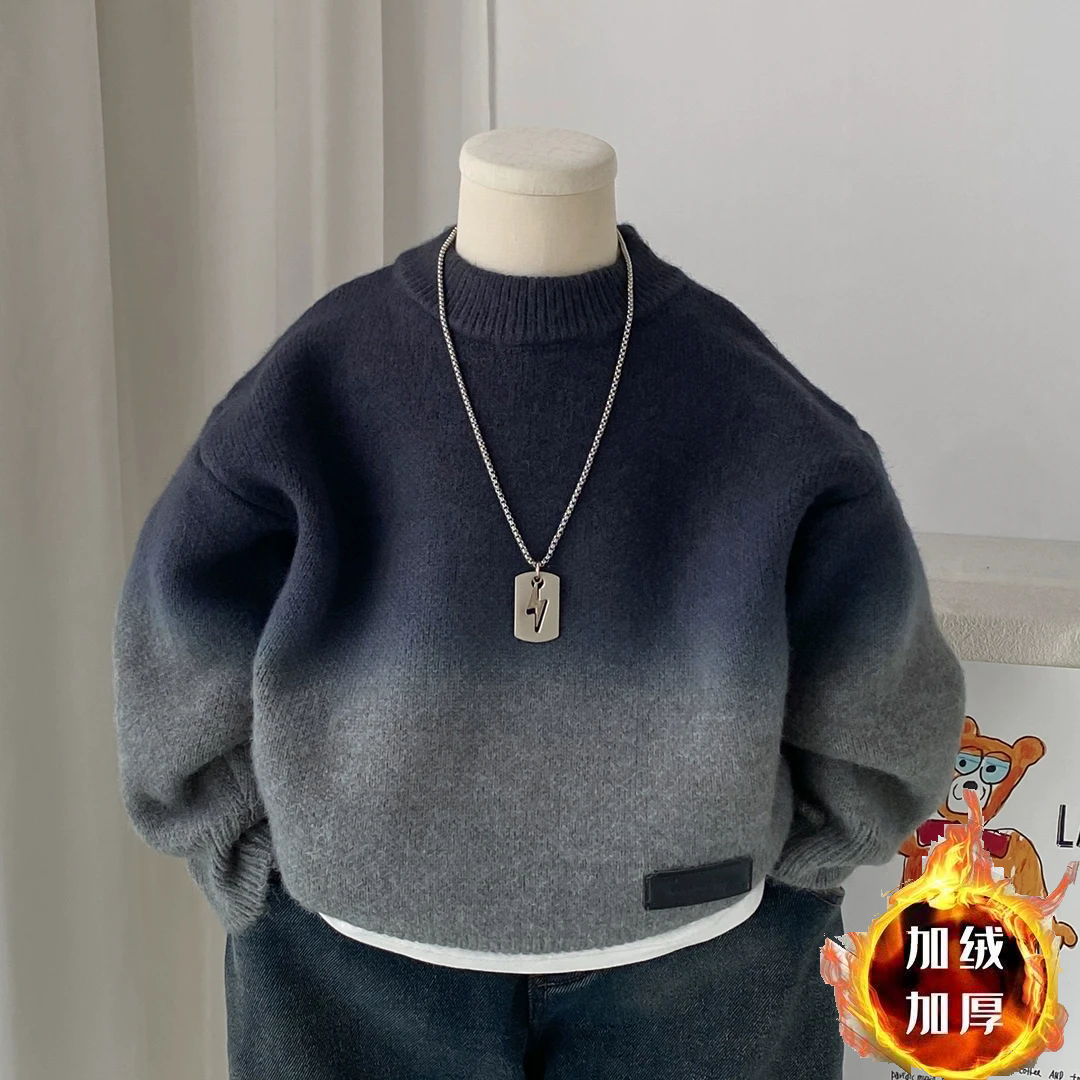 男童毛衣加绒加厚秋冬2025新款儿童渐变套头针织衫洋气时髦打底衫