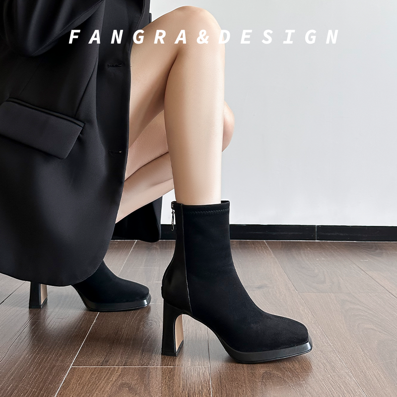 显瘦黑色绒面短靴女款2025新款爆款百搭小个子增高阔腿裤必备靴子