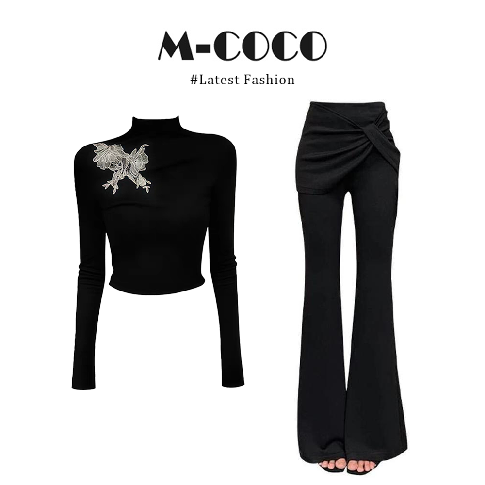 MARIE.COCO巨好看的新中式蝴蝶结黑色刺绣长袖T恤微喇裤秋季套装