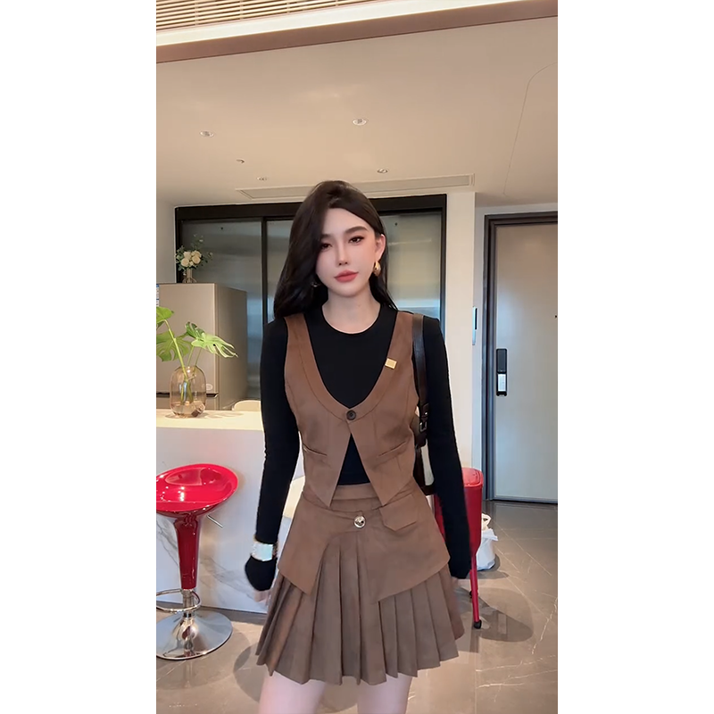 时尚套装长袖辣妹秋季新款假两件上衣气质显瘦修身百褶短裙两件套