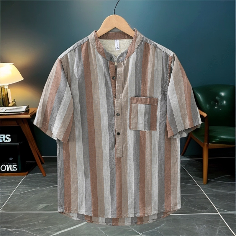夏季薄款拼色条纹立领衬衫男士上衣休闲百搭潮牌时尚透气韩版宽松