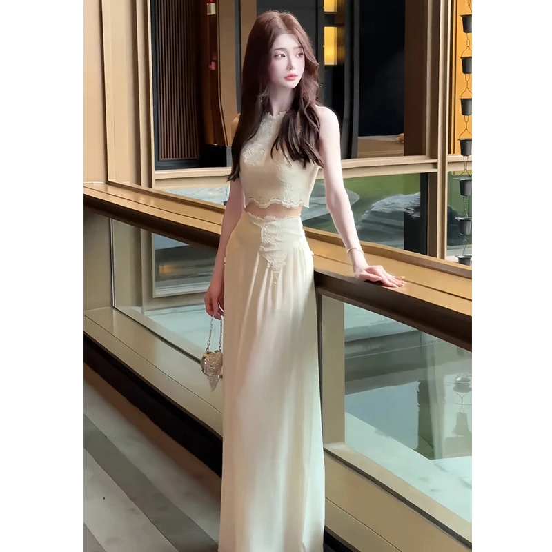 多情夏威夷 夏季新款纯欲风优雅甜美设计感精致睫毛蕾丝上衣+裤子