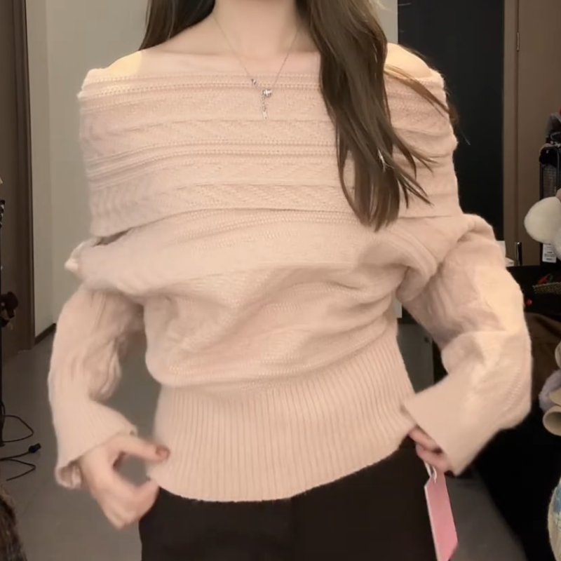 新款温柔风收腰显瘦露肩针织上衣一字领绞花毛针织上衣LK2508846