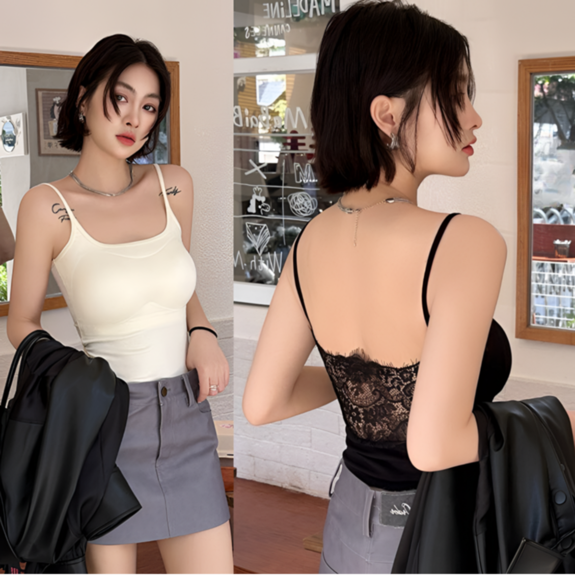 3cm加厚胸垫吊带背心女夏季纯欲风蕾丝拼接露背美背一体式固定杯